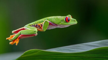 Red-Eyed Tree Frog Leaping from Leaf Captured Mid-Air in Rainforest Scene