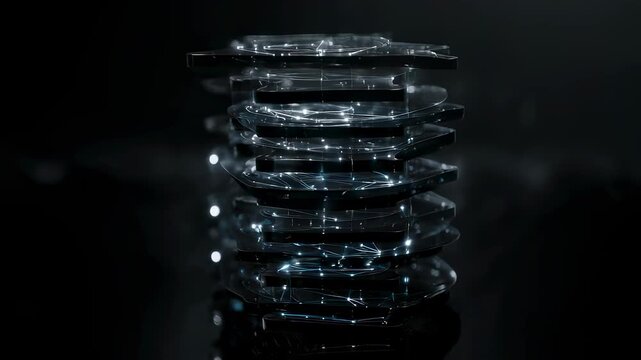 Abstract rotating transparent glass cube structure with glowing lines and points represents data flow and network processes footage. - Powered by Adobe