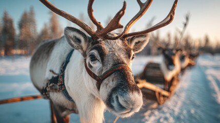 Reindeer Pulling Sled Across Snowy Tundra in Traditional Arctic Landscape