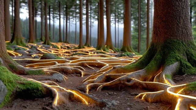 Forest Floor: A breathtaking view of the forest floor, where tree roots intertwine and create a magical, almost glowing pathway through the heart of the woods. the interplay of light and shadow.