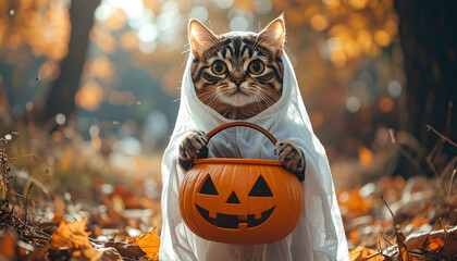A tabby cat in a ghost costume carries a jack-o'-lantern bucket amidst autumn leaves.