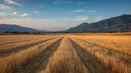 Fototapeta premium The vast wheat fields at sunset, with mountains in the background, create a tranquil atmosphere, highlighting the beauty of nature and agricultural landscapes.
