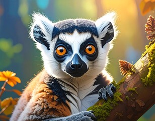 Obraz premium Close-up of a lemur in a vibrant forest setting