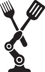 Silhouette of a robotic arm holding a fork and spatula crossed together symbolizing culinary automation and food preparation technology isolated on white background isolated on transparent background