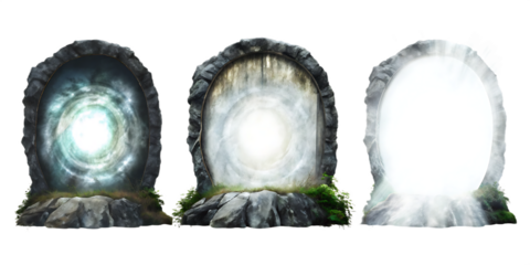 Three fantasy portals with swirling light isolated on a transparent background gateway