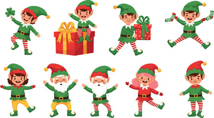 Cartoon Christmas elves with gifts in festive outfits, holiday celebration characters in colorful costumes for seasonal decoration and storytelling design