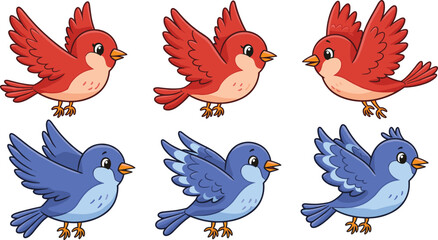 Cartoon birds illustration, red and blue bird characters, cute flying animals, colorful avian design, playful wildlife drawing, animated style artwork, decorative vector clipart