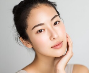 Obraz premium Close-up portrait of a woman with flawless, light-toned skin and a serene expression, highlighting healthy beauty and skincare.