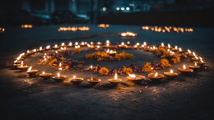 Rows of Glowing Diya Lamps Arranged in a Circle for a Festive Celebration