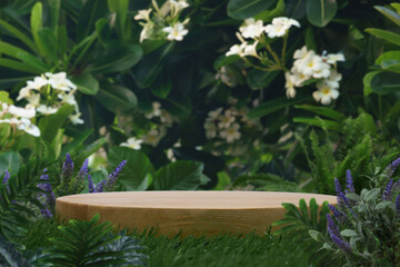Wood podium stand with white flower green tropical forest nature background.natural product pedestal wooden table top display.jungle paradise concept.
