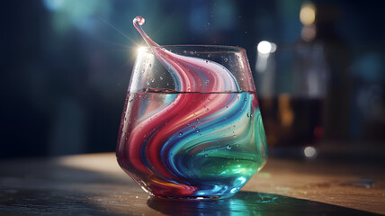 Colorful liquid swirl in a glass with droplets on the surface against a blurred background scene
