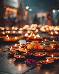 Rows of Glowing Diya Lamps Arranged in a Circle for a Festive Celebration