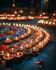 Rows of Glowing Diya Lamps Arranged in a Circle for a Festive Celebration