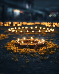Rows of Glowing Diya Lamps Arranged in a Circle for a Festive Celebration