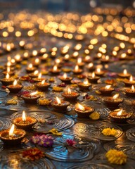 Rows of Glowing Diya Lamps Arranged in a Circle for a Festive Celebration