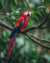 Scarlet Macaw Perched on a Rainforest Branch with Vibrant Red Feathers