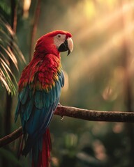 Scarlet Macaw Perched on a Rainforest Branch with Vibrant Red Feathers