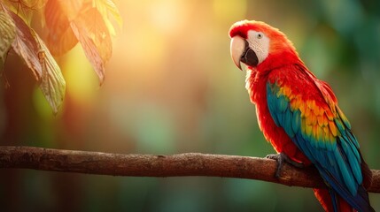 Scarlet Macaw Perched on a Rainforest Branch with Vibrant Red Feathers