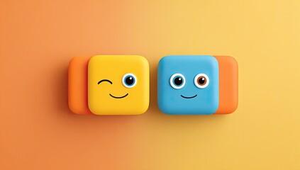 Two happy, cartoon square faces on gradient background