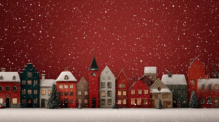 Fototapeta premium Charming winter village scene with colorful houses covered in snow, festive atmosphere enhanced by falling snowflakes against a warm red background, perfect for holiday themes