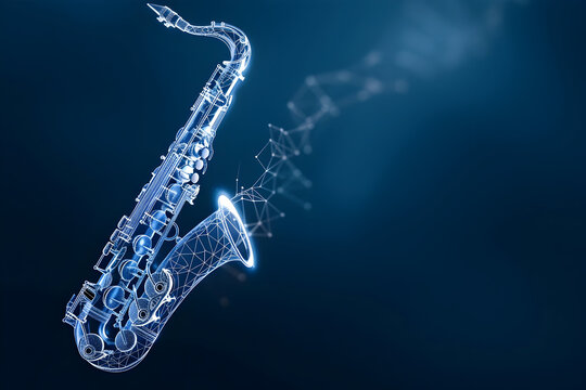 Stunning saxophone design with geometric lines glowing, ideal for music technology concepts, jazz posters, vibrant concert promotions, and modern art designs