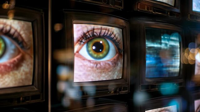 Endless rows of CRT displays filled with blinking eyes craft a hypnotic, futuristic media motif perfect for privacy, control, and culture narratives.