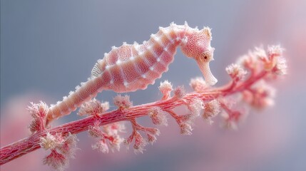 Seahorse Clinging to Coral Branch in a Vibrant Underwater Macro Scene