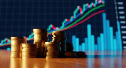 Financial Growth and Investment Success Concept Stacks of Gold Coins with Rising Graph Background Representing Wealth Accumulation and Economic Prosperity
