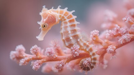 Seahorse Clinging to Coral Branch in a Vibrant Underwater Macro Scene