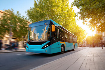 Modern city bus driving at sunset