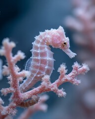 Seahorse Clinging to Coral Branch in a Vibrant Underwater Macro Scene