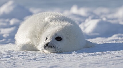 Adorable Seal Pup Lying on Snow with Big Black Eyes and Fluffy White Fur