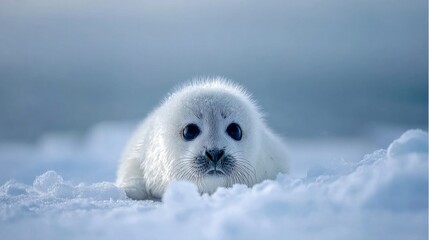 Adorable Seal Pup Lying on Snow with Big Black Eyes and Fluffy White Fur