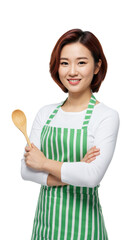 Young asian woman, early 20s, bob hair, green striped apron, holding spoon, arms crossed, confident smile, bright transparent background, copy space, culinary passion concept