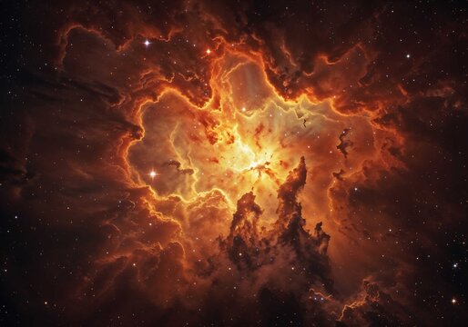 Nebula shines brightly illuminating cosmic dust with golden and orange hues creating celestial glow
