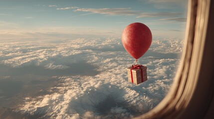 Red balloon carrying a gift box floats above fluffy clouds, viewed from an airplane window, creating a whimsical and dreamy atmosphere of adventure and surprise