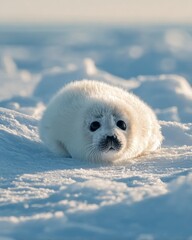 Adorable Seal Pup Lying on Snow with Big Black Eyes and Fluffy White Fur