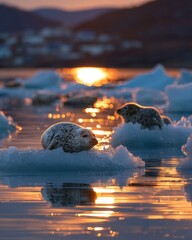 Seals Resting Peacefully on Floating Icebergs in Calm Arctic Waters
