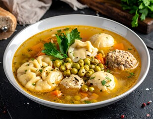 Bowl of hearty soup with dumplings, meatballs, and vegetables