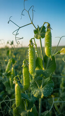 Close up of pea plants with dew drops on the pods in a field under a blue sky during the daytime