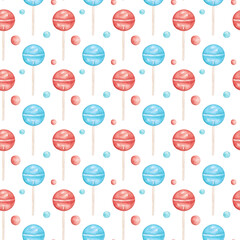 Watercolor seamless pattern with round lollipops and a polka dot pattern. Blue and red sugar candies on a stick. Background for holidays, packaging of confectionery products, and party invitations.