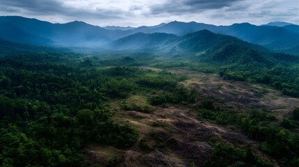 Dramatic aerial view contrasting a dense green jungle with a deforested area set against misty mountains under an overcast sky