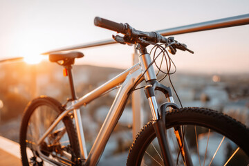 Naklejka premium Silver mountain bike at sunset