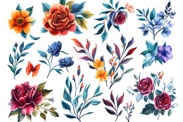 Bright and dark floral elements set on transparent background, watercolor hand painted botanical flowers and leaves, modern decorative collection for creative design and wedding invitation

