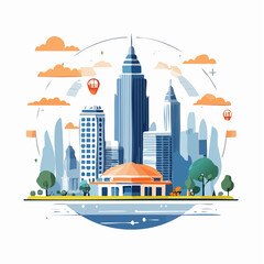 Naklejka premium Vibrant Cityscape Illustration with Modern Buildings and Parks