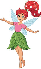 Whimsical red-haired fairy with leaf skirt and blue wings in cheerful pose, fantasy character for children’s story and design themes