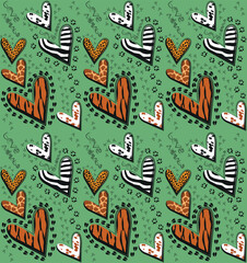 Vector seamless pattern on a green background with hearts, animal skin patterns - zebra, tiger, leopard, giraffe, traces of bird and animal paws, and the inscription "love animals"