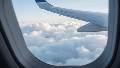 Airplane wing view from window above fluffy clouds in daylight  