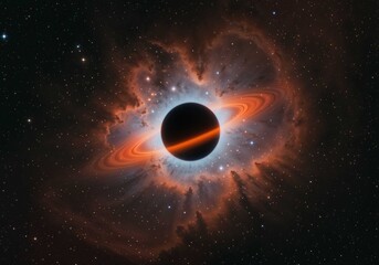 Naklejka premium Black hole with a fiery ring distorts spacetime amidst a star filled deep space nebula