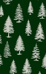 Obraz premium Green fabric pattern featuring white embroidered trees, showcasing a seamless design ideal for textiles, wallpapers, and creative projects with nature themes